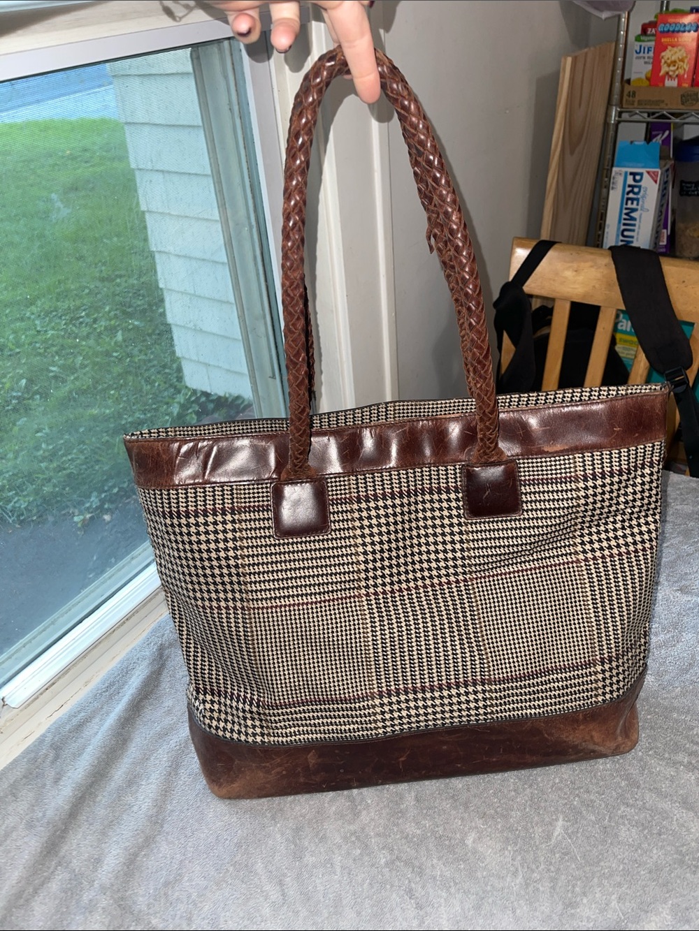 Ralph Lauren Brown Plaid Tote with Braided Leather Handles - Picture 2 of 8